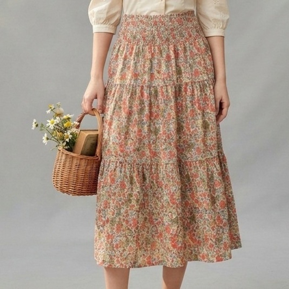 peasant midi skirt Floral Tiered Cotton Pockets 2X boho cottagecore coquette